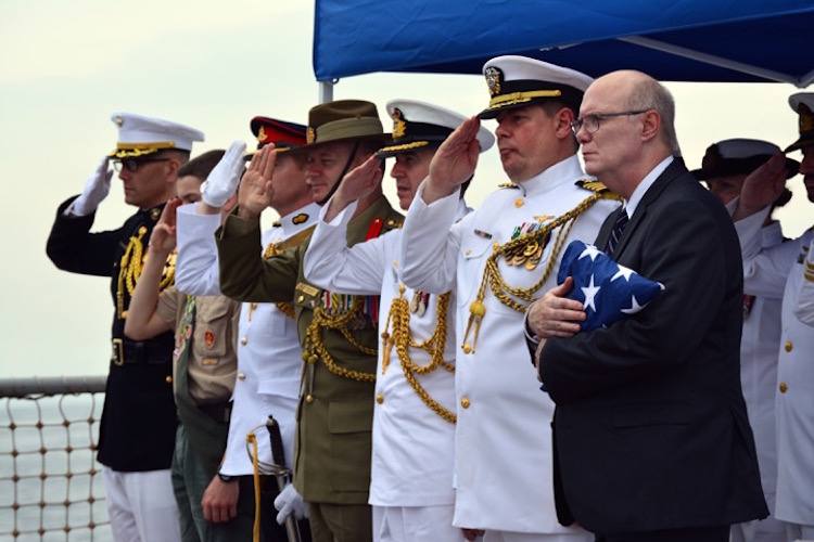 Paying tribute: Representatives from Indonesia, Australia and the United States of America paid tribute to the crew of the HMAS Perth and the USS Houston at a ceremony in March 2015 - Source: US Navy Paying tribute: Representatives from Indonesia, Australia and the United States of America paid tribute to the crew of the HMAS Perth and the USS Houston at a ceremony in March 2015 - Source: US Navy